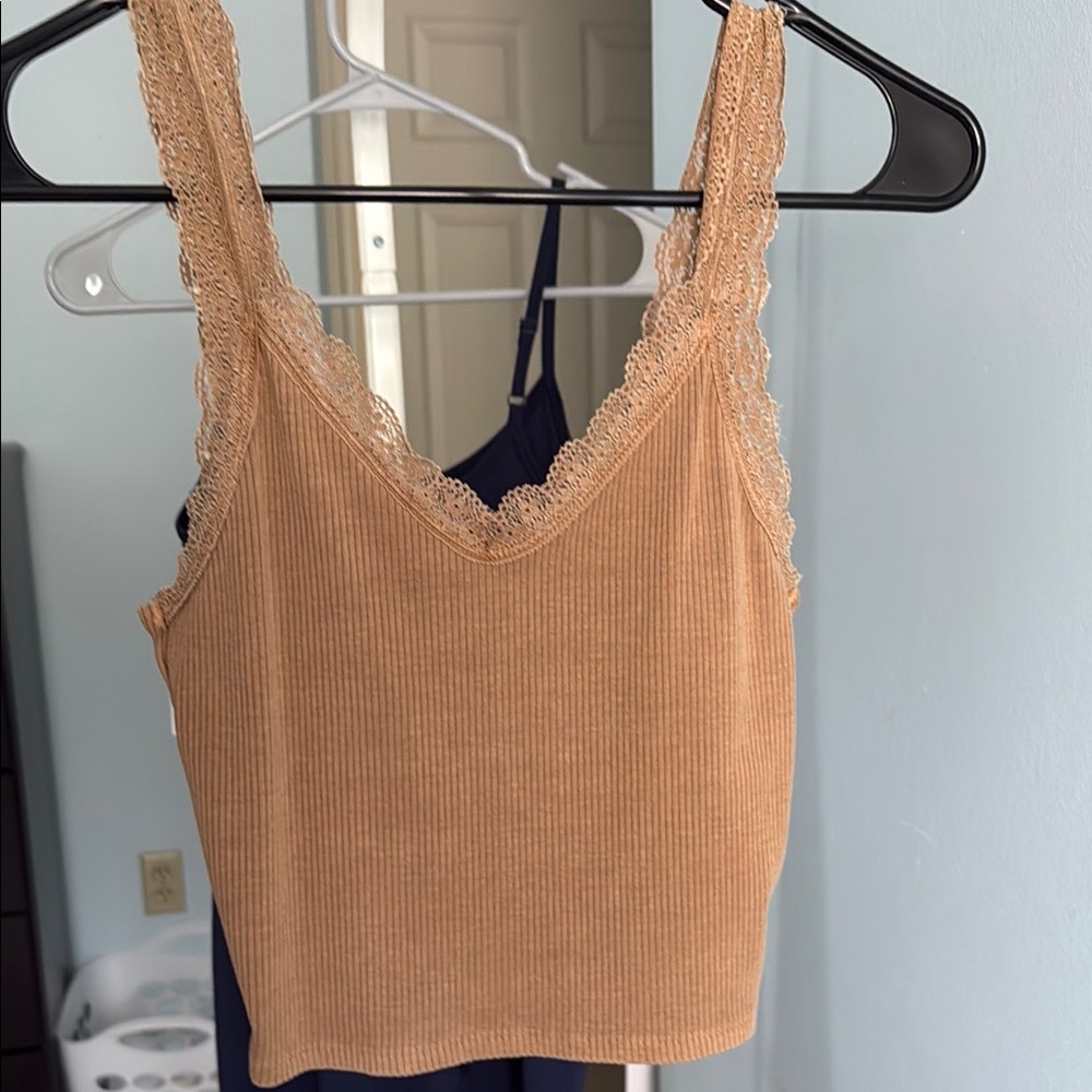 Lace Trim Tan Ribbed Tank Top